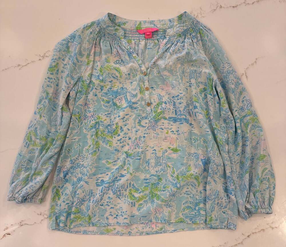 Lilly Pulitzer Elsa Silk Top What A Lovely Place Print Size L